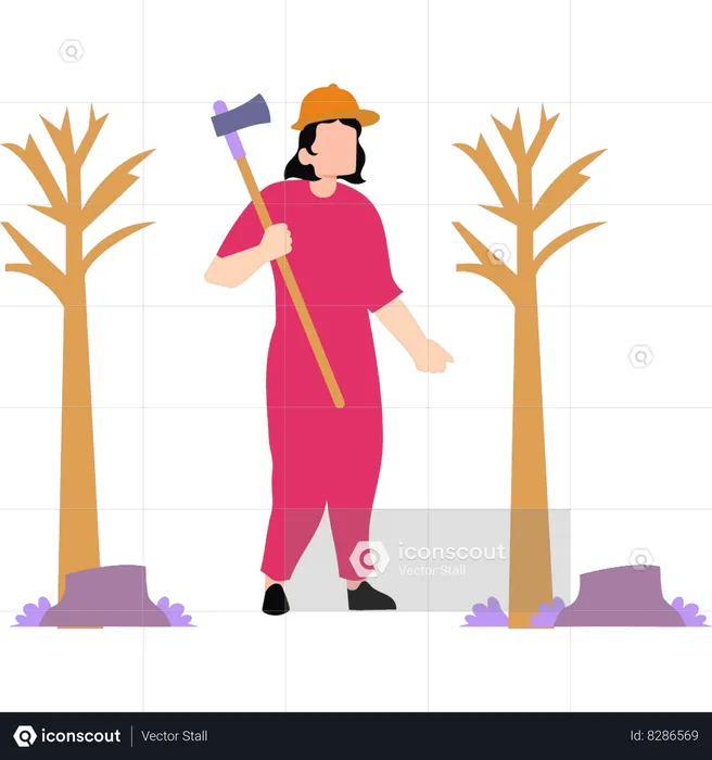The girl stands to cut the tree  Illustration