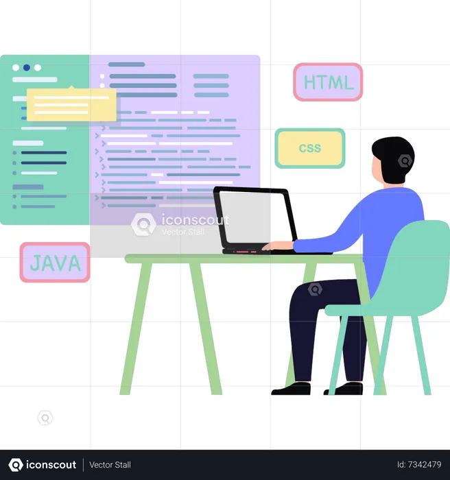 The guy is doing Java, CSS and HTML coding  Illustration
