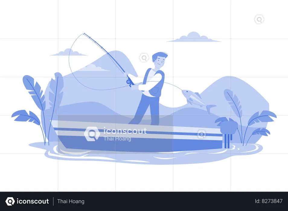 The Guy Is Fishing On The Boat  Illustration