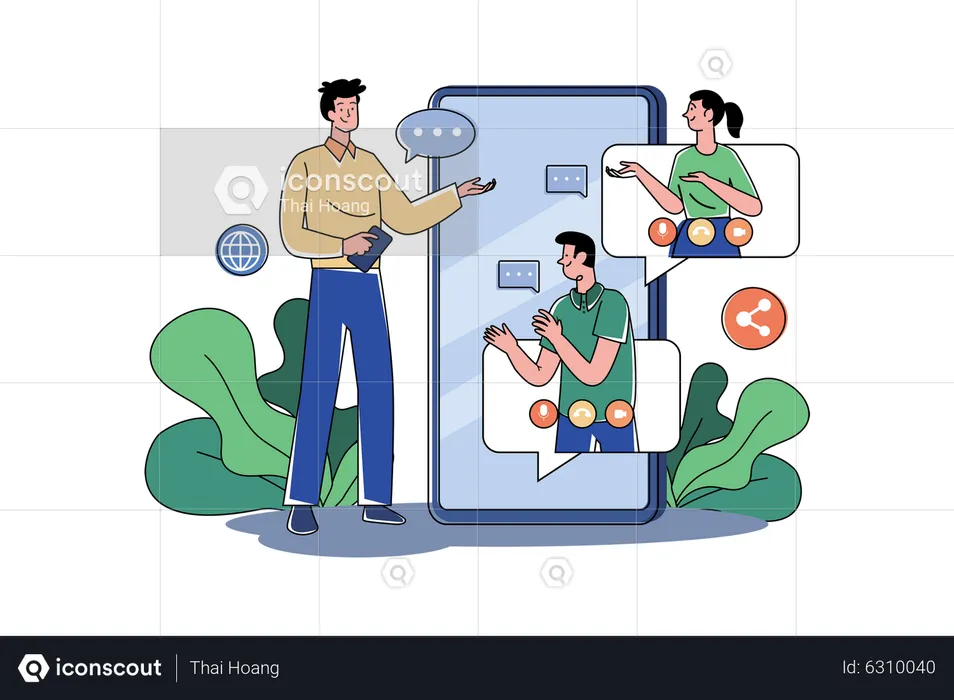 The Guy With The Phone Is In Touch With His Friends  Illustration