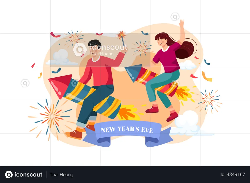 The Kids Riding New Year's Fireworks  Illustration