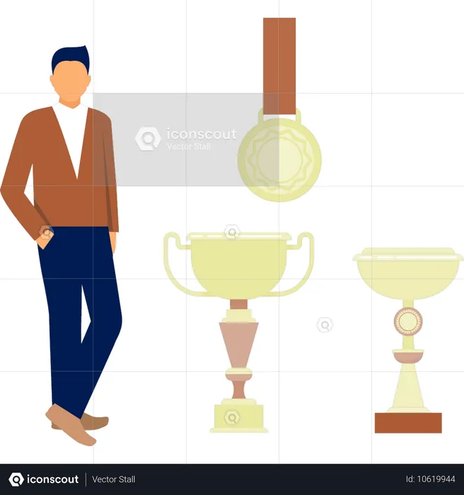 The male is standing near trophy award  Illustration