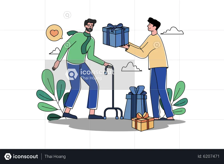 The man gives gifts to the elderly  Illustration