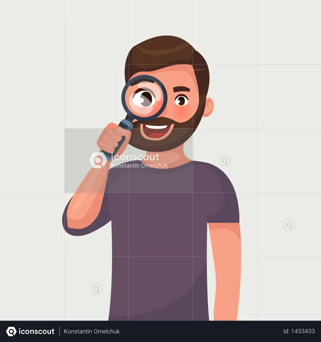 The man in glasses with beard is looking through magnifying glass and search  Illustration
