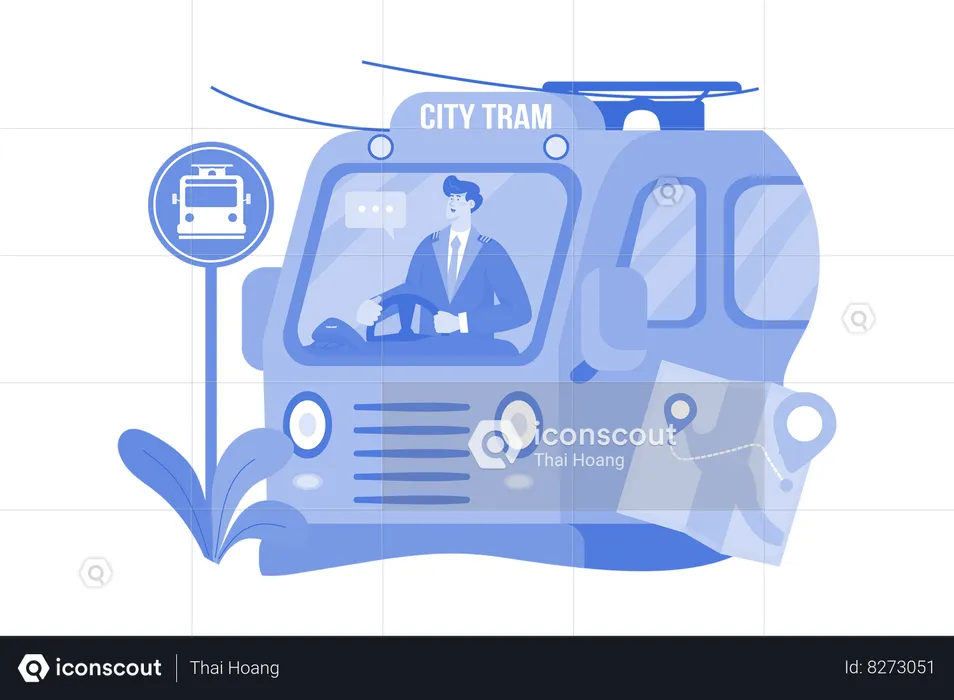 The Man Is Driving A Tram On The Street  Illustration