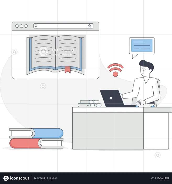 The man is finding education book online  Illustration