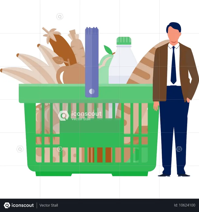 The man is standing grocery basket  Illustration