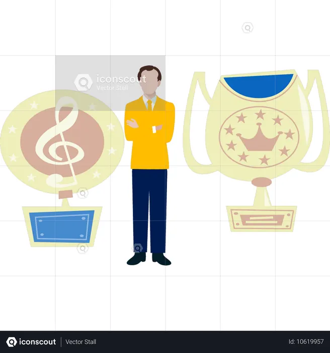 The man is standing near clipart champion cup  Illustration