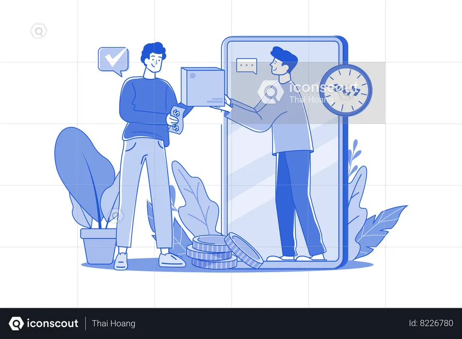 The Man Receives The Goods From The Delivery Man Through The Phone Screen  Illustration