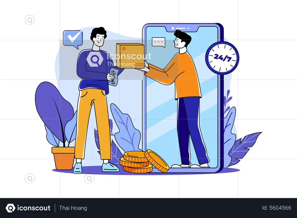 The man receives the goods from the delivery man through the phone screen  Illustration