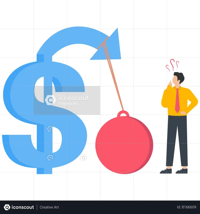 The red iron ball is tied to the rising dollar sign and prevents the dollar sign from growing  Illustration