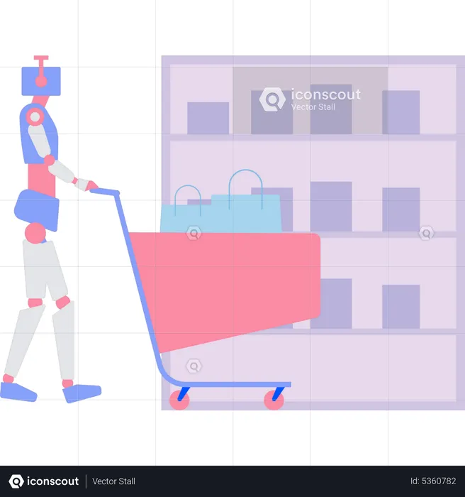 The robot is carrying a shopping trolley  Illustration