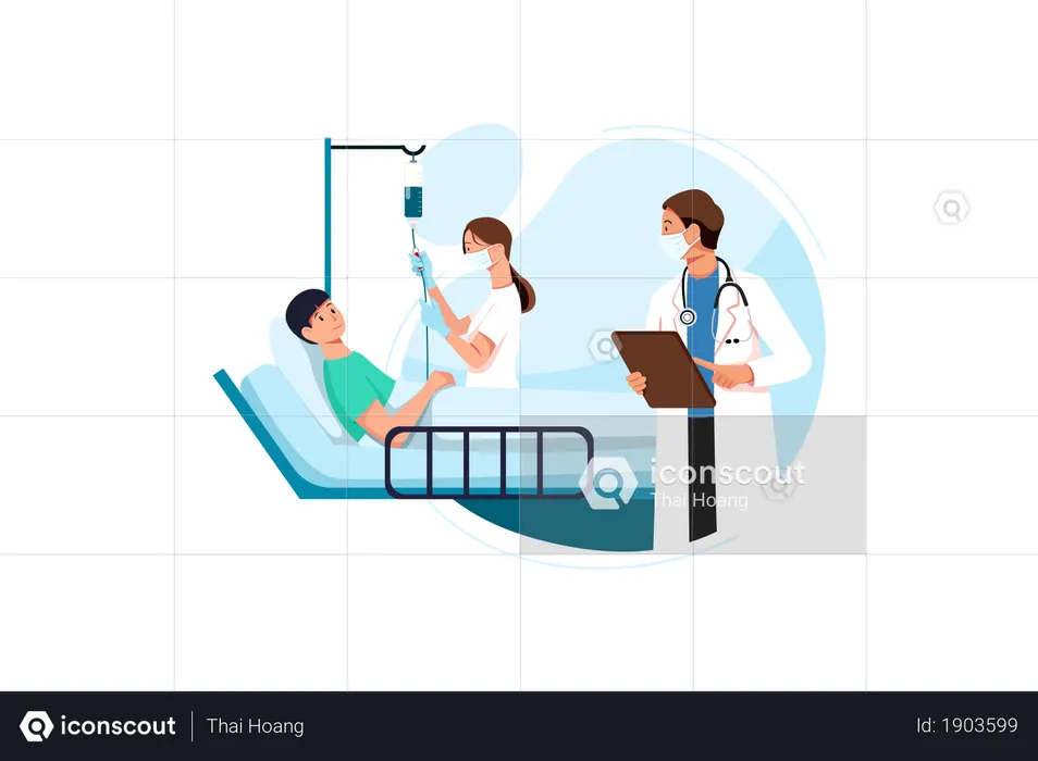 The sick young person lies with dropper near with doctor and nurse measuring dropper at the hospital  Illustration