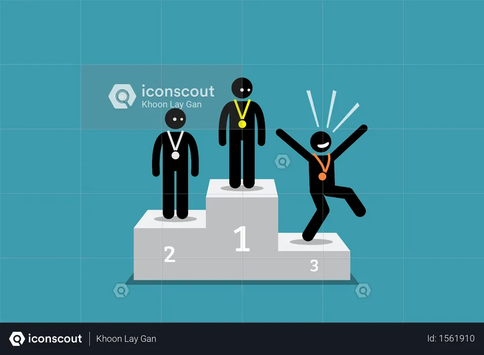 The stick figure person in third place is happier than the people in the first and second place  Illustration