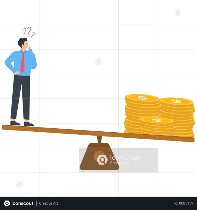 The weight of the stack of gold coins on the scale is greater than that of the businessman  Illustration