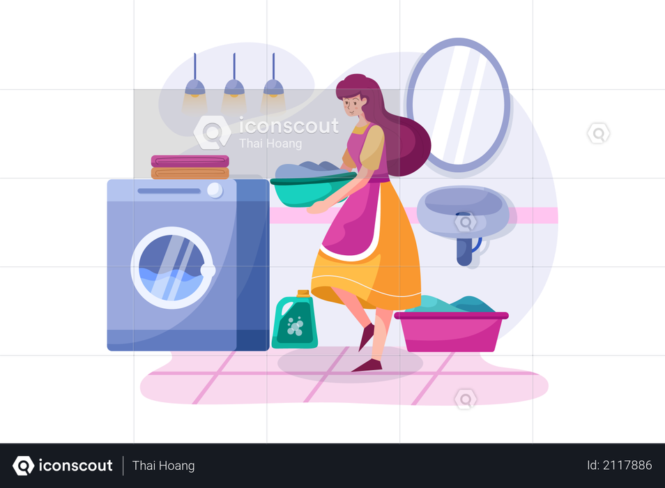 The woman bringing clothes to the washing machine Illustration