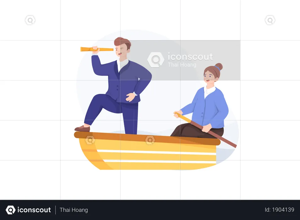 The woman is rower and businessman looking to a telescope  Illustration