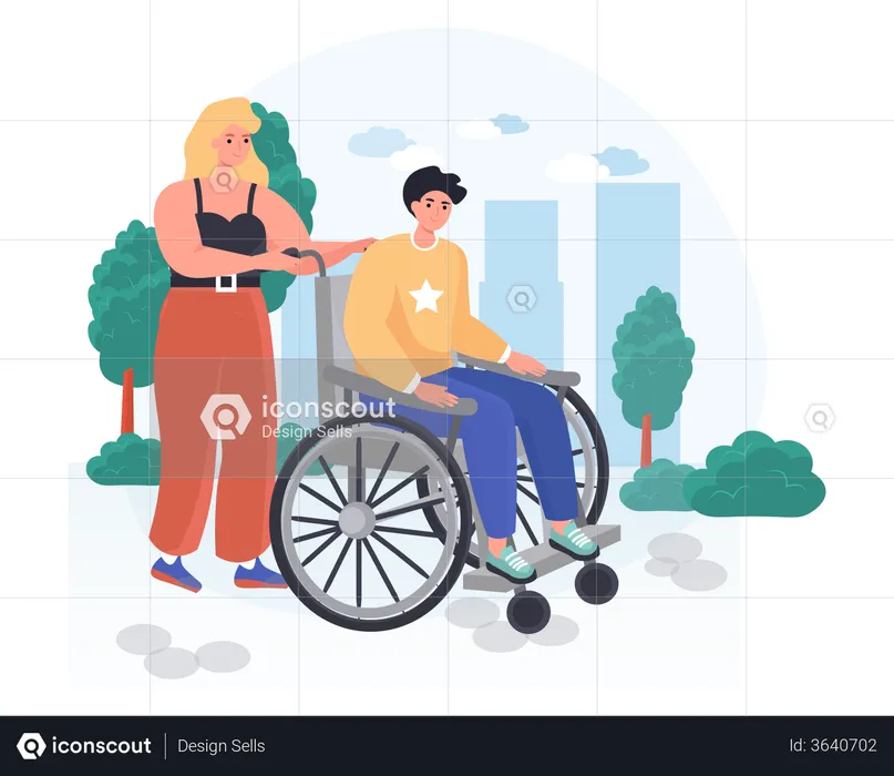 The woman walks the disabled man to the walker  Illustration