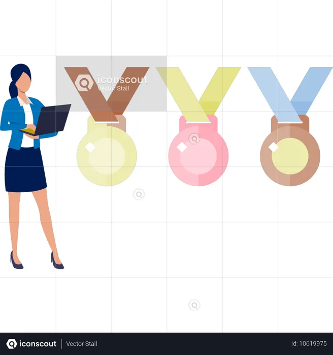 The women is checking medals on laptop  Illustration