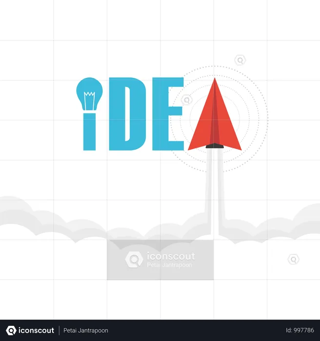 The Word 'idea' On Sky With Paper Plane And Light Bulb, Thinking Concept  Illustration