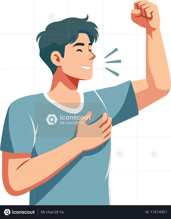 The young man shows his joy by raising his fist  Illustration