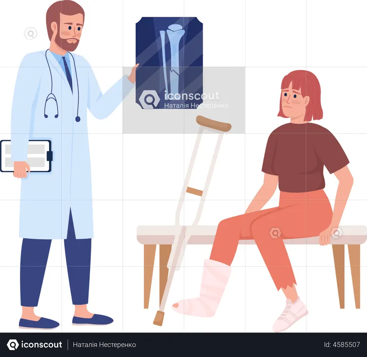 Therapist consulting woman with broken leg  Illustration