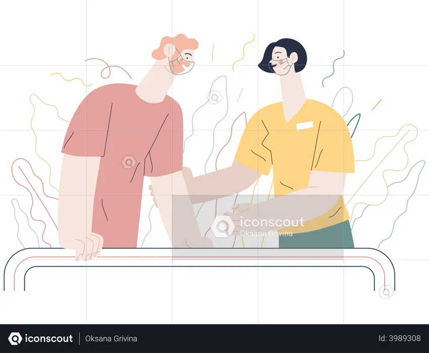 Therapist doctor working with disabled patient  Illustration