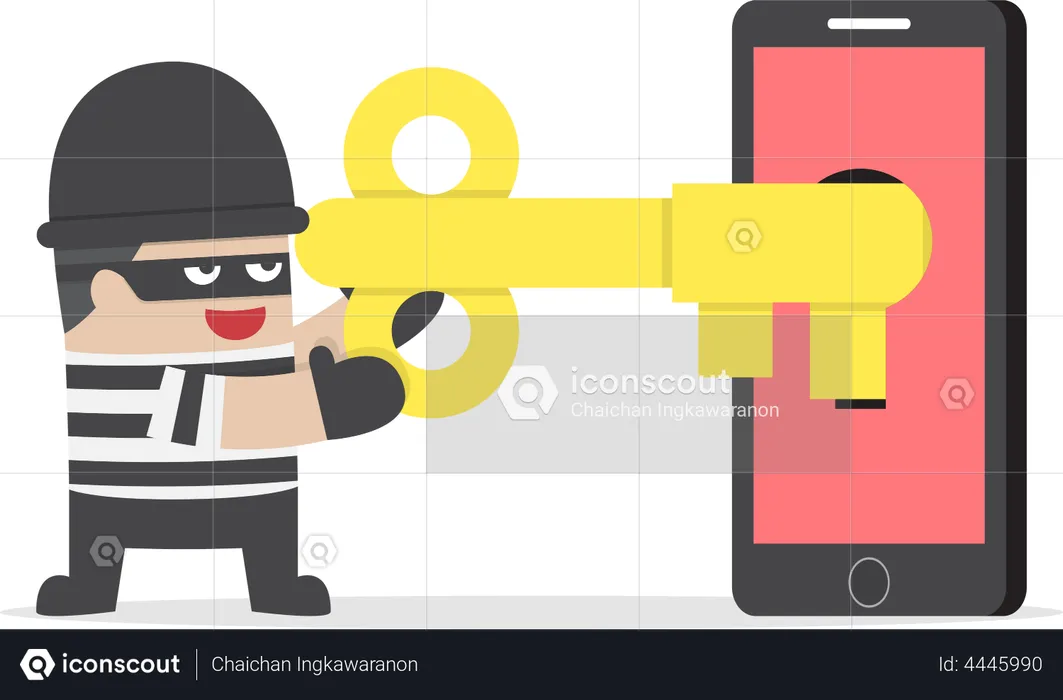 Thief hacking smartphone by key  Illustration