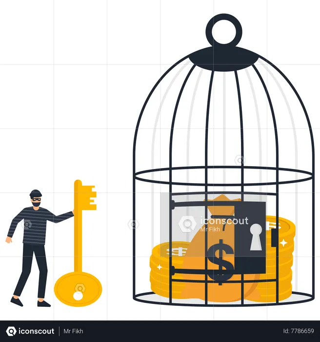 Thief have cage key and trying to stealing savings  Illustration
