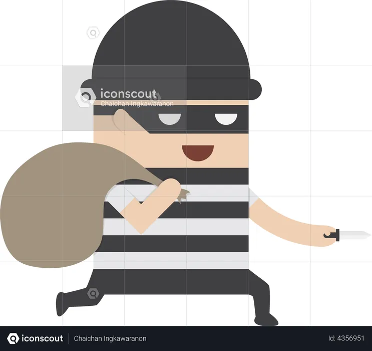Thief holding knife in his hand and carrying a money bag  Illustration