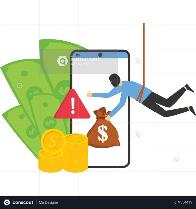 Thief on mobile phone screen stealing money  Illustration