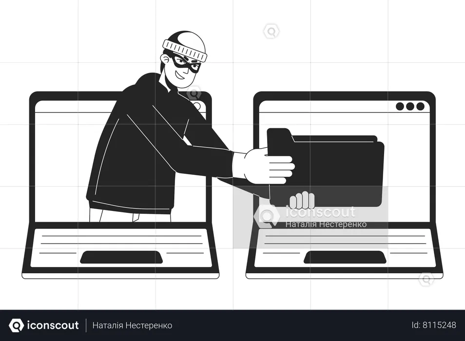 Thief stealing data from laptop  Illustration