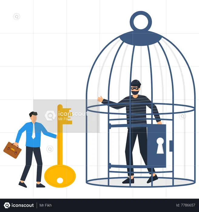 Thief stuck in cage  Illustration
