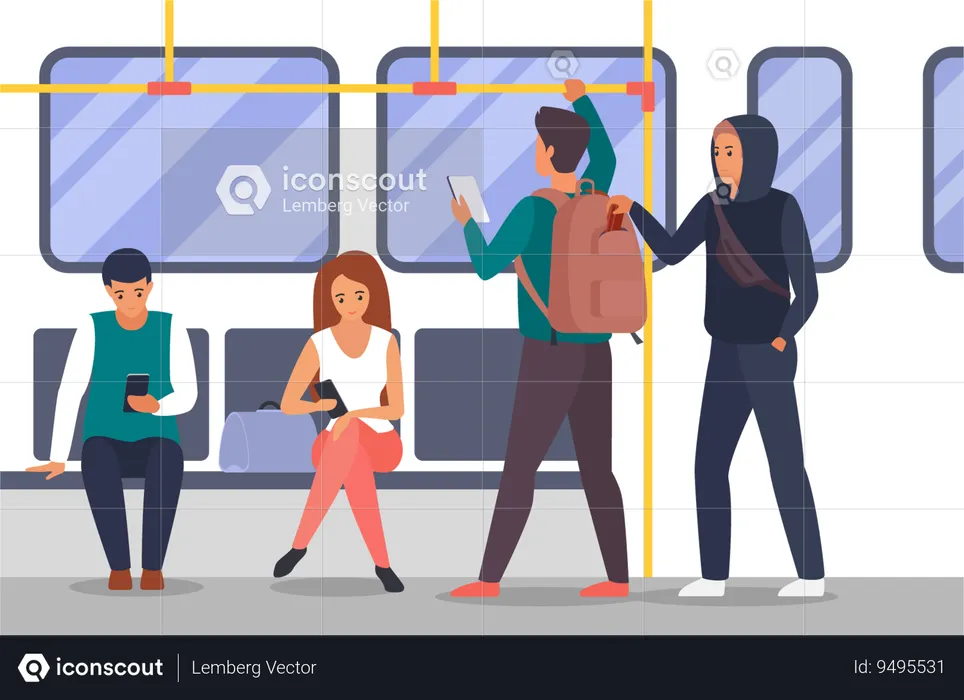 Thief taking purse out of passengers backpack on public transport  Illustration