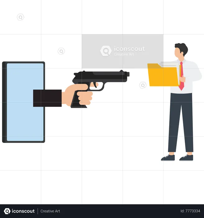 Thief with a gun in mobile phone rob a file from businessman  Illustration