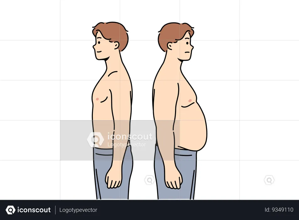Thin and fat men stand side by side demonstrating changes in figures after eating fast food  Illustration