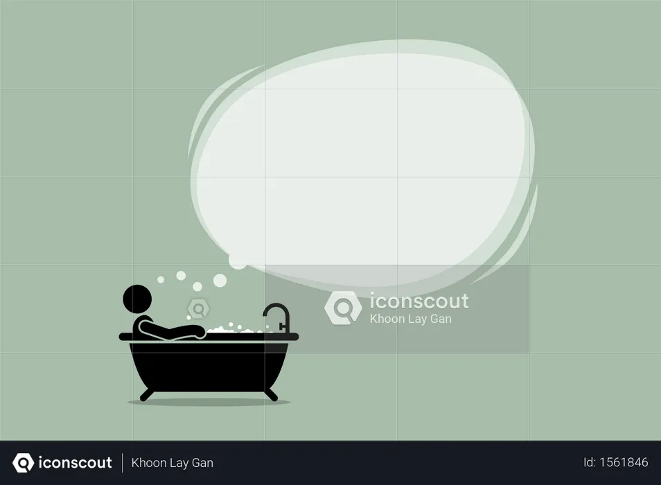 Thinking man taking a bath in the bathtub with a big empty bubble cloud  Illustration