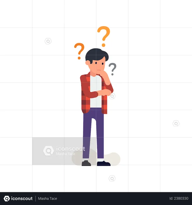 Thinking process with thoughtful young man surrounded by question marks  Illustration