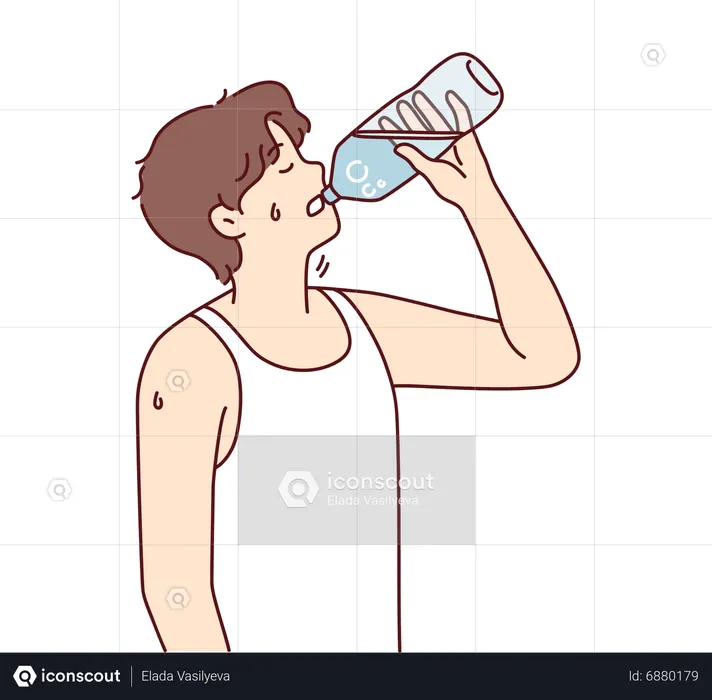 Thirsty boy drinking water from water bottle  Illustration