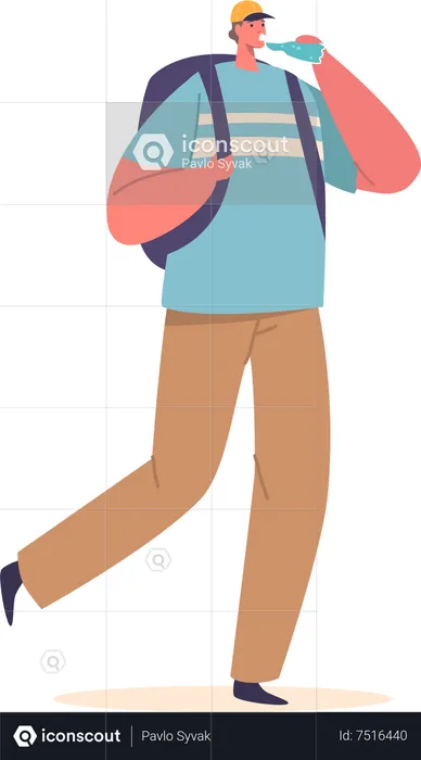 Thirsty Man Walk with Backpack and Hydrates With Refreshing Water  Illustration