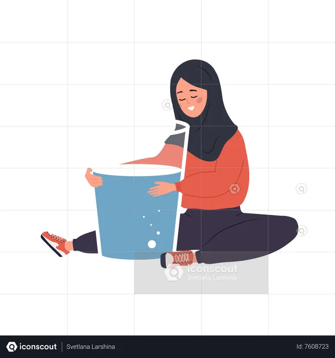 Thirsty Muslim Woman Hugs Large Glass Of Pure Water  Illustration