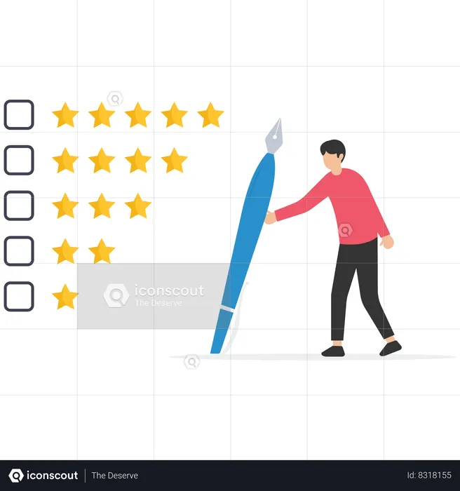 Thoughtful businessman holding pencil to evaluate star feedback  Illustration
