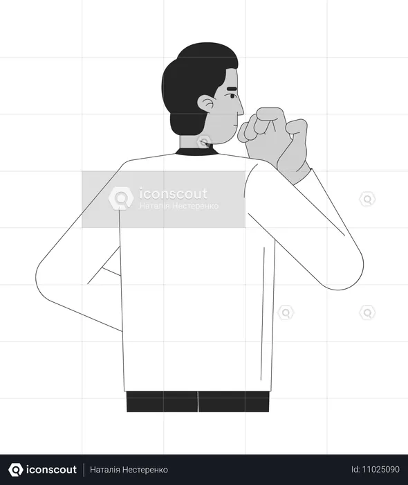 Thoughtful guy raising hand to mouth serious  Illustration