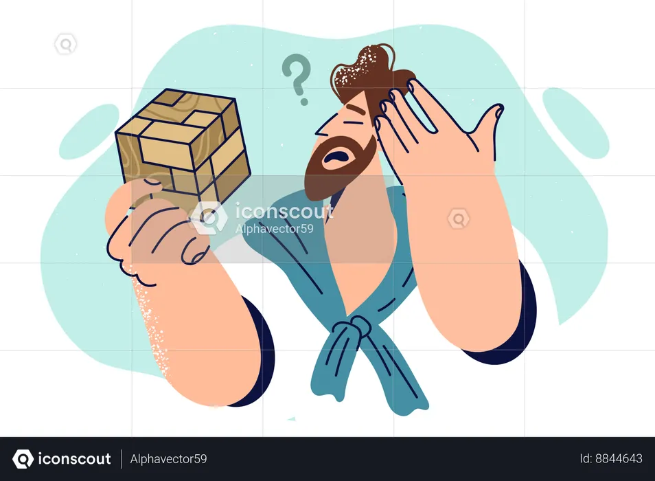 Thoughtful man with wooden puzzle scratches head trying to solve difficult problem  Illustration