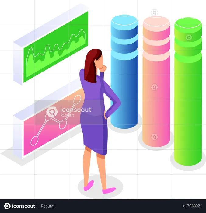 Thoughtful Woman Looking At Visual Infographics  Illustration