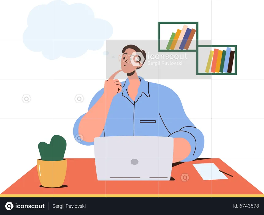 Thoughtful worried business man freelancer sitting front of laptop at home office  Illustration