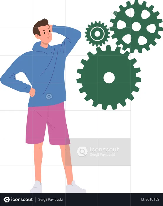 Thoughtful young man brainstorming looking at cogwheels gear mechanism thinking about trouble  Illustration