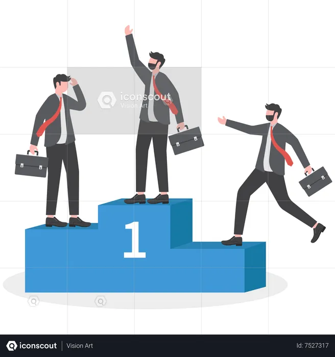 Three businessmen proudly standing on competition winner platform  Illustration