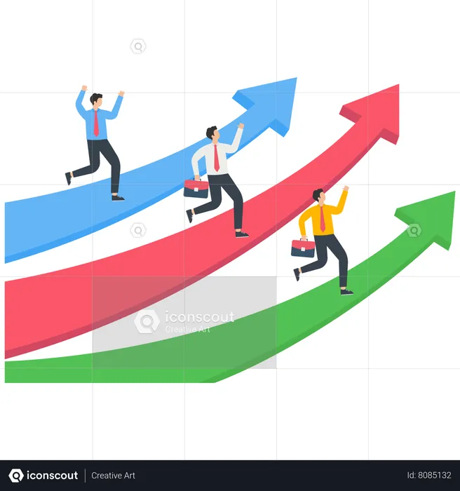 Three businessmen running fast on three growth arrows  Illustration