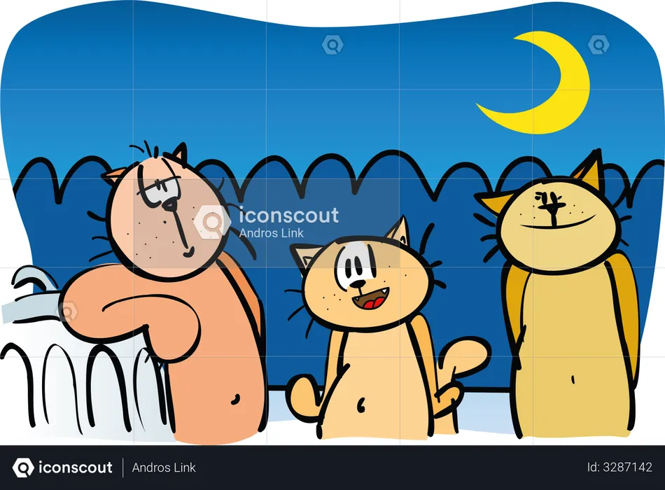 Three Cats singing at midnight  Illustration